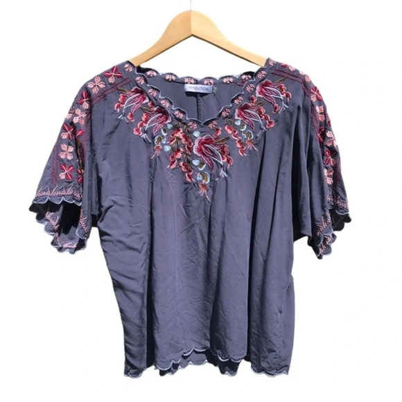 Misslook Embroidered Gray Short Sleeve Top V Neck Boho Blouse Size L - Picture 2 of 11